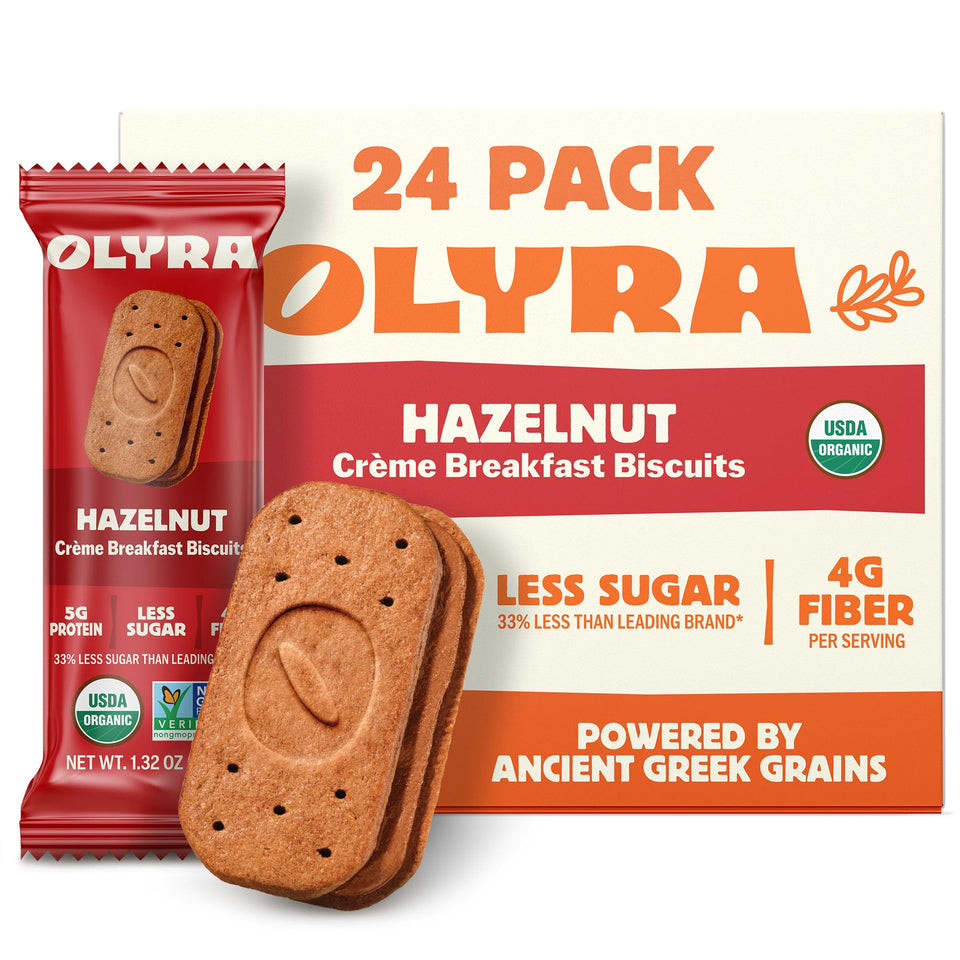 Olyra hazelnut cocoa sandwich breakfast biscuits pack for quick mornings.