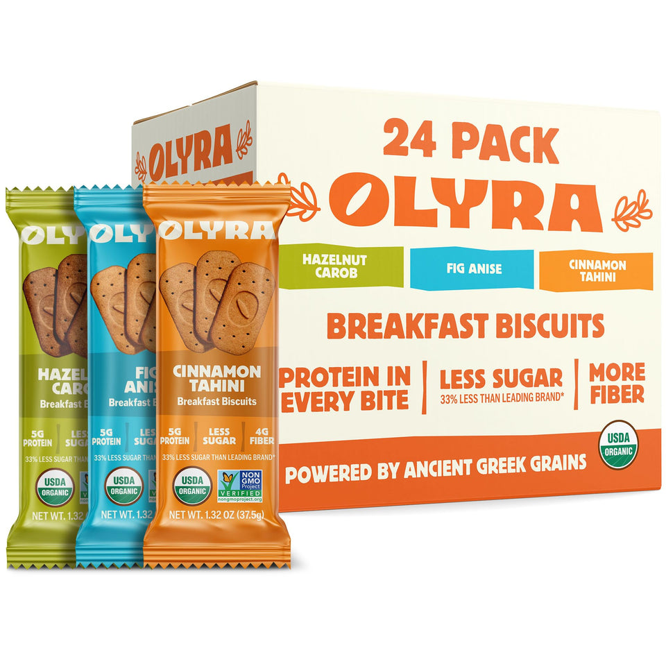 Olyra Organic Breakfast Biscuits Variety Pack box front, convenient morning snack