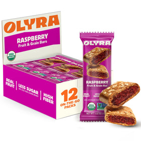 Olyra Raspberry Fruit Bars packaging front, a convenient organic snack for breakfast on the go.