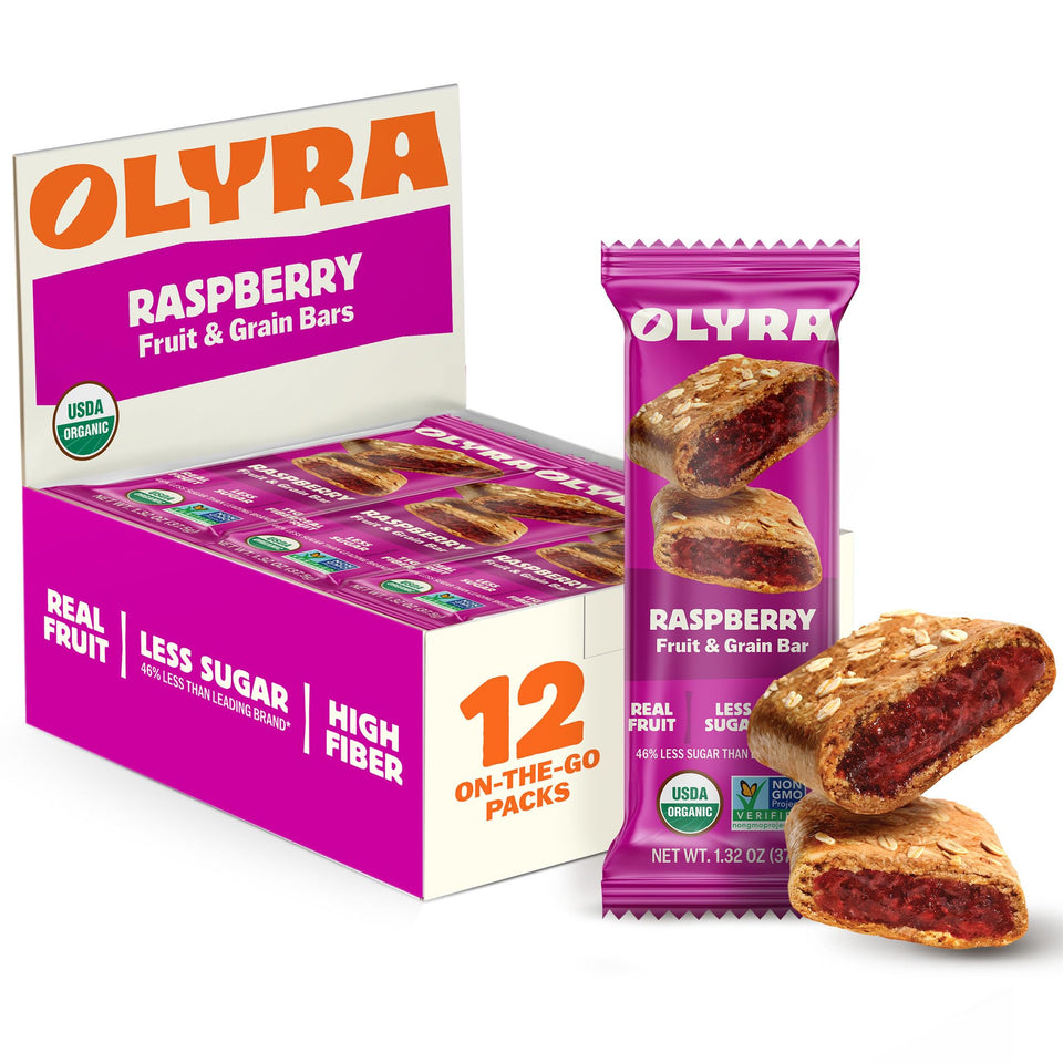 Olyra Raspberry Fruit Bars packaging front, a convenient organic snack for breakfast on the go.