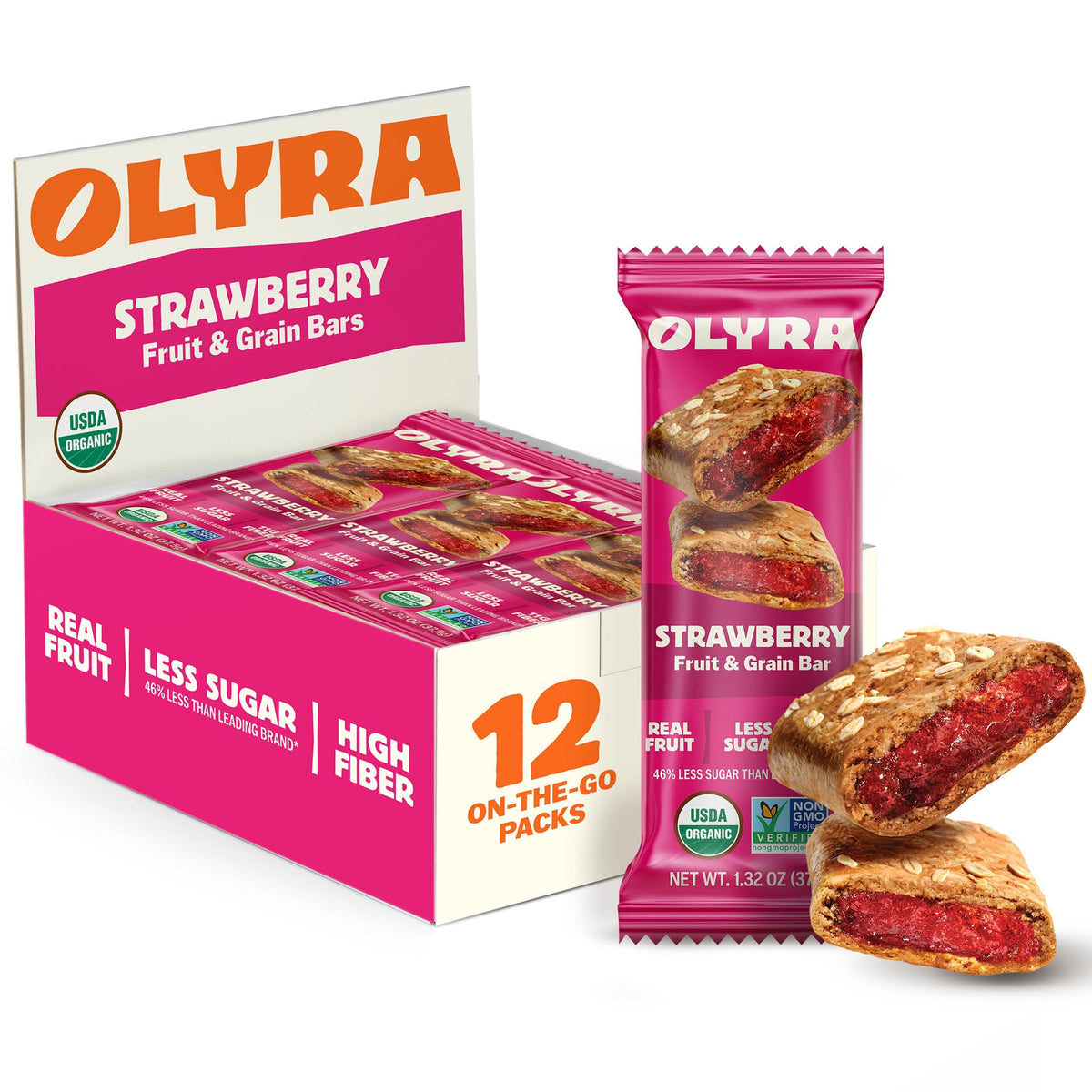 Olyra strawberry soft baked bar showing a fiber rich, fruity bite for busy mornings