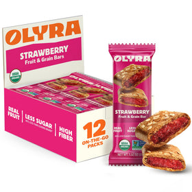 Olyra strawberry soft baked bar showing a fiber rich, fruity bite for busy mornings