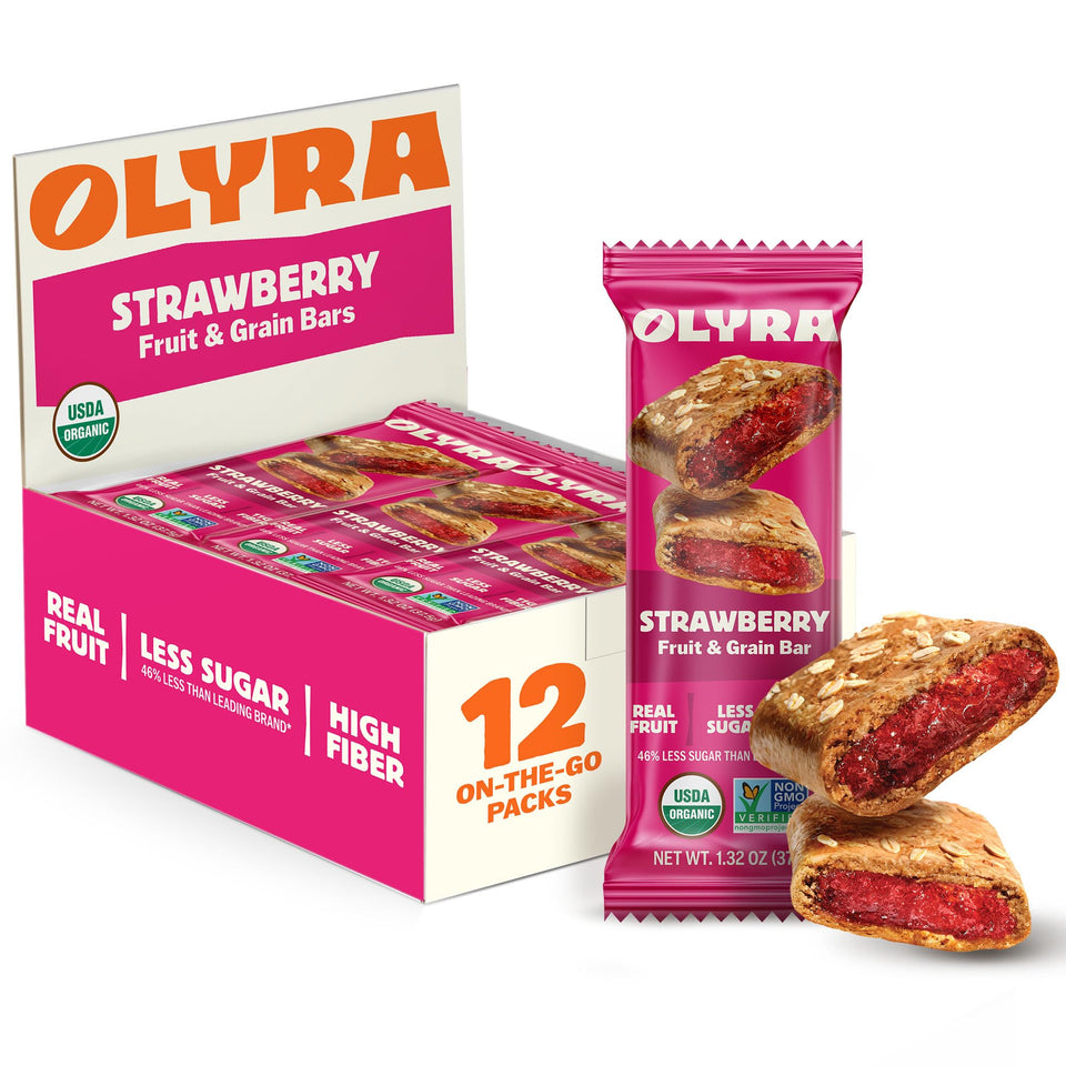 Olyra strawberry soft baked bar showing a fiber rich, fruity bite for busy mornings