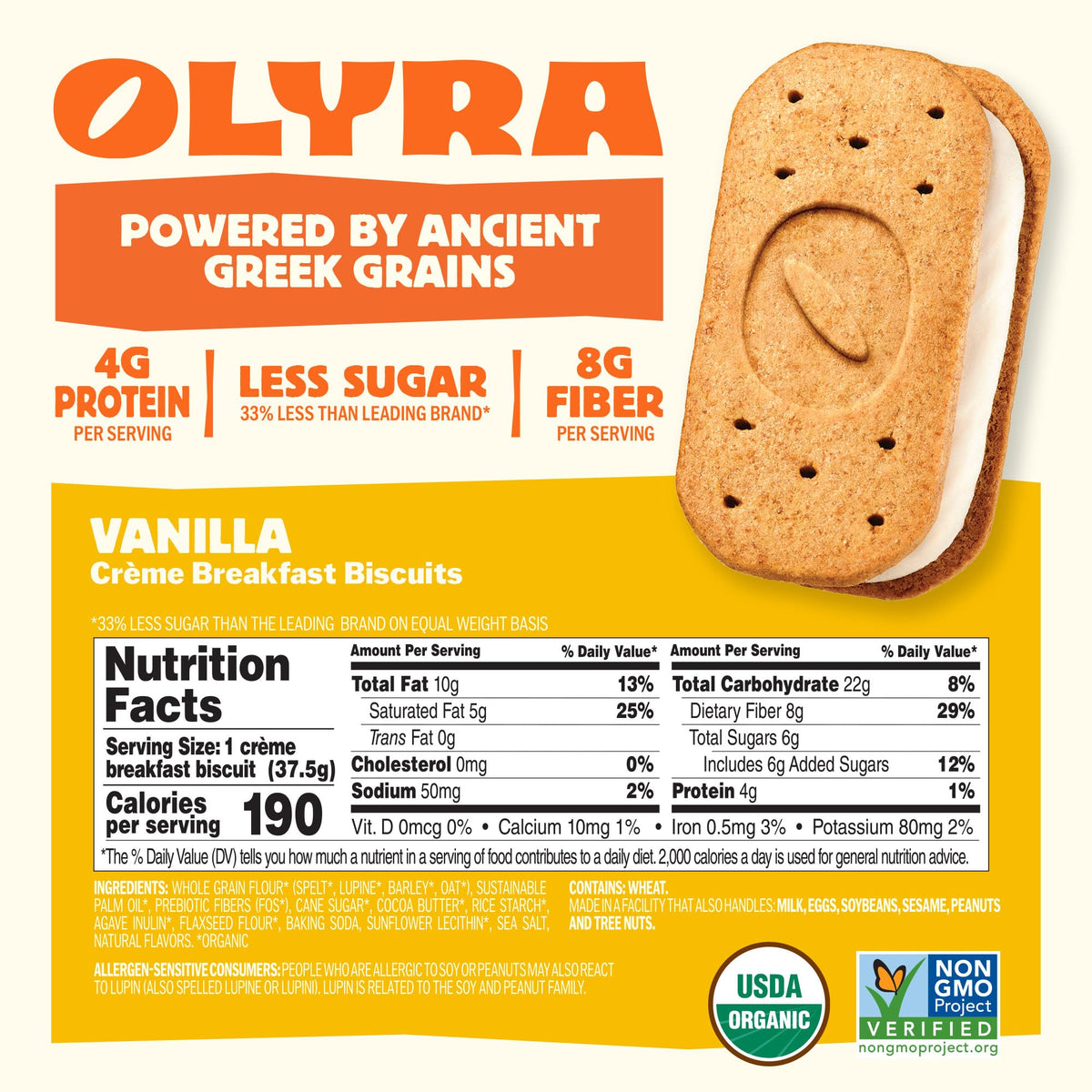 Olyra Vanilla Sandwich Breakfast Biscuits stacked on a plate, grab-and-go snack for kids and adults.