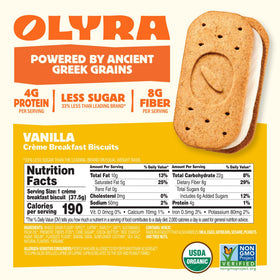 Olyra Vanilla Sandwich Breakfast Biscuits stacked on a plate, grab-and-go snack for kids and adults.