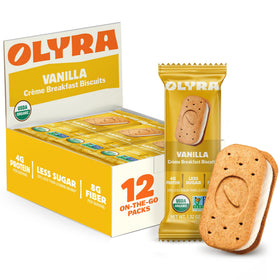 Olyra Vanilla Sandwich Breakfast Biscuits box, a convenient healthy breakfast option for busy mornings.