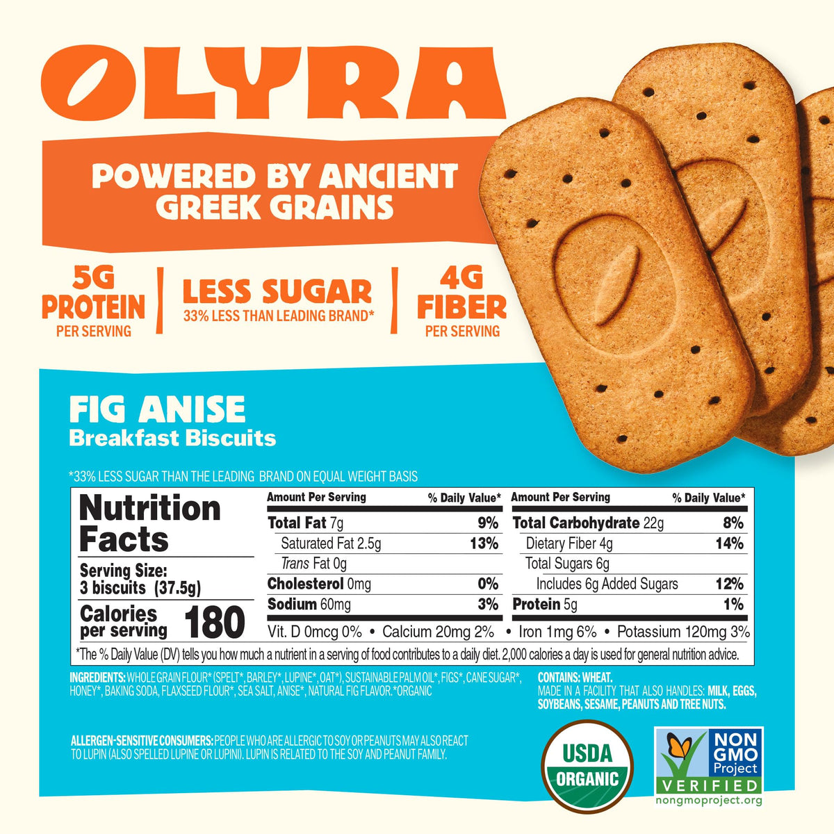 Olyra breakfast biscuit box packaging showing individual wraps