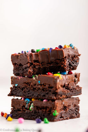 OMCookie birthday brownies with colorful chip toppers for festive treats.