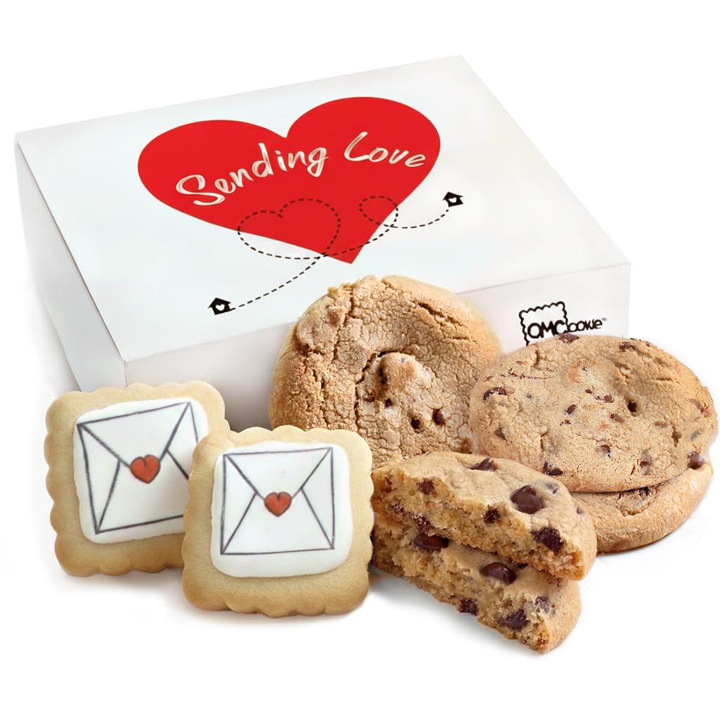 OMCookie care-package basket with large chocolate chip cookies, ideal for gifting.