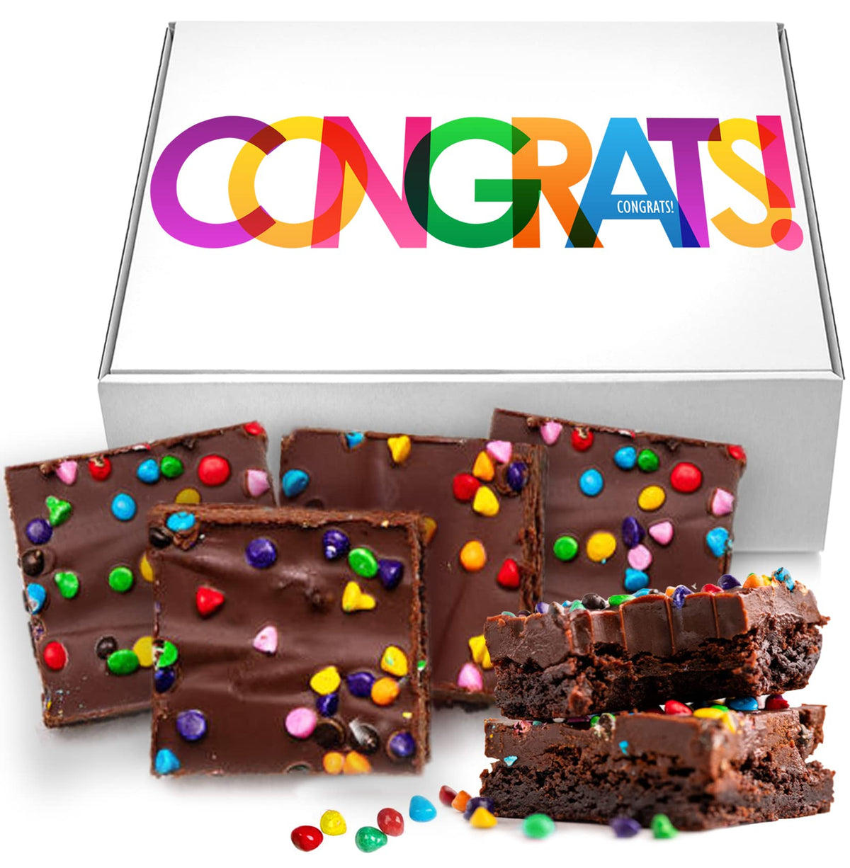 OMCookie congrats brownies gift basket packaging highlights secure wrap and elegant presentation.