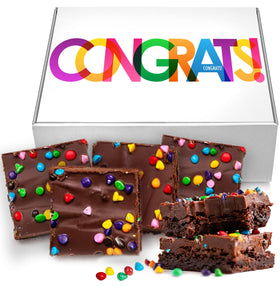 OMCookie congrats brownies gift basket packaging highlights secure wrap and elegant presentation.