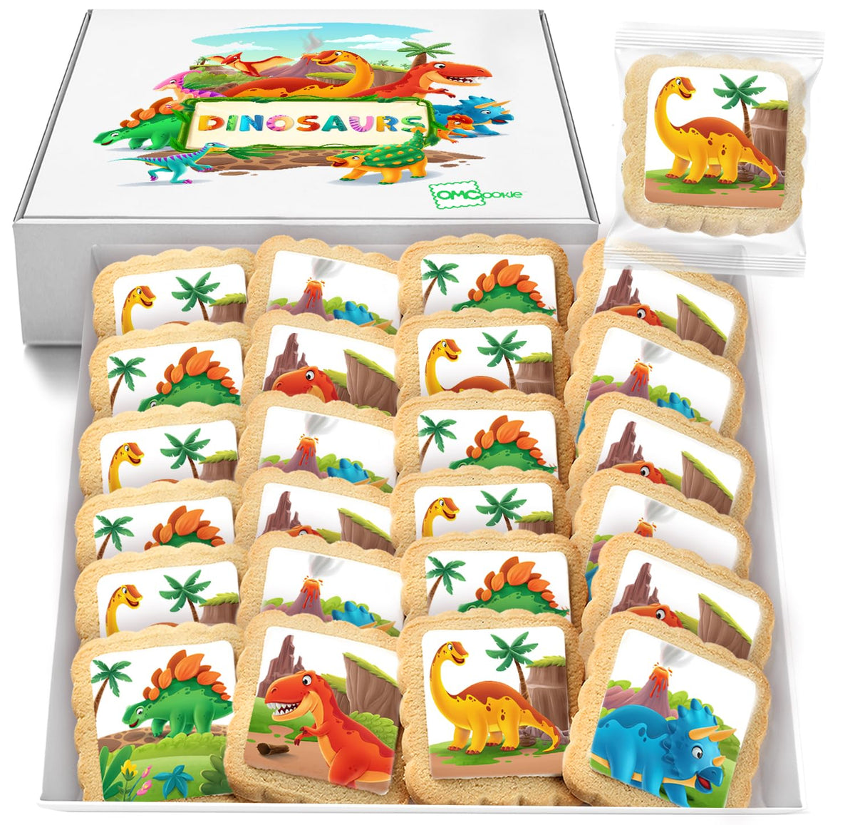 OMCookie dinosaur cookies are individually wrapped for easy gifting and party favors.