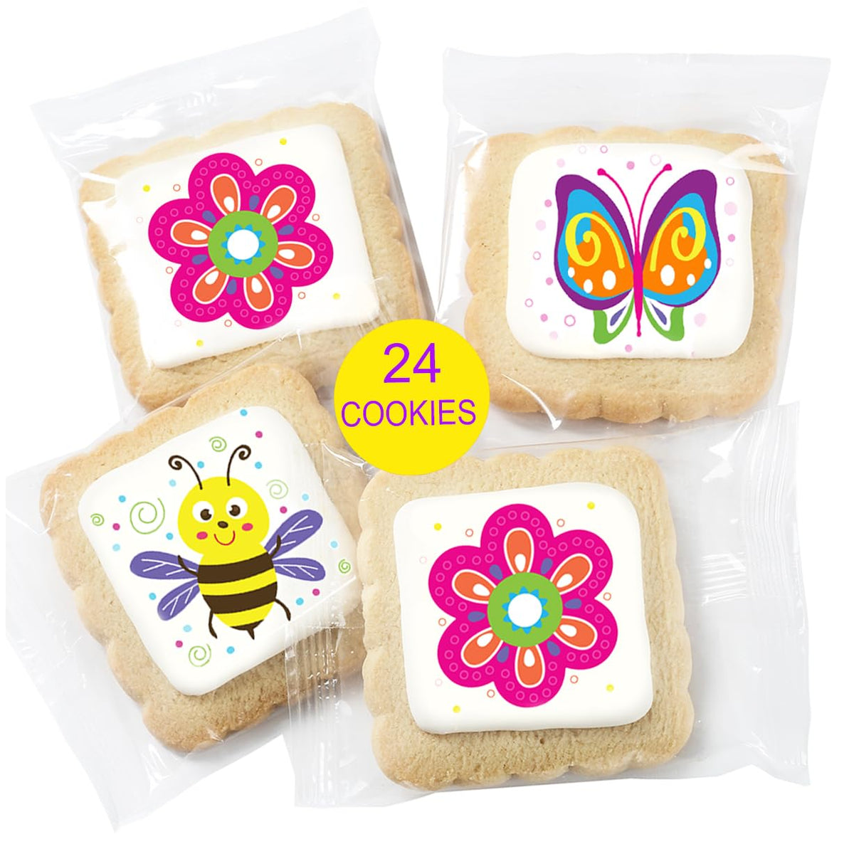 OMCookie cookies with edible ink butterfly, bee, and flower designs for dessert tables.