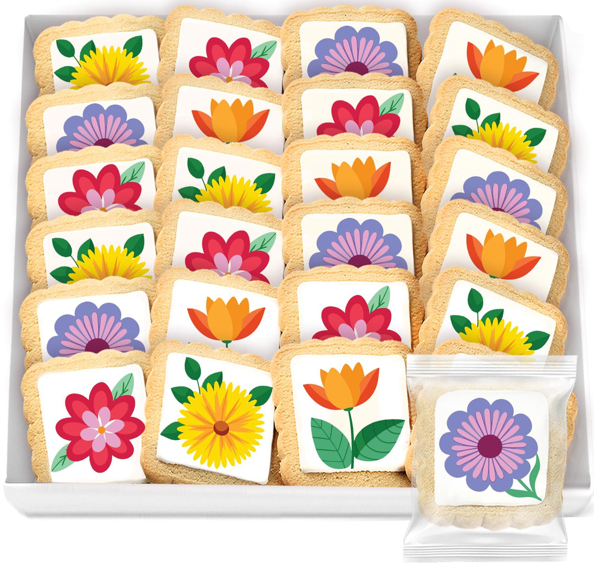 OMCookie flower cookies with sunflowers and daisies, individually wrapped for fresh party gifting.