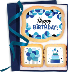 OMCookie Happy Birthday blue cookies box, beautifully decorated for gifting to loved ones.