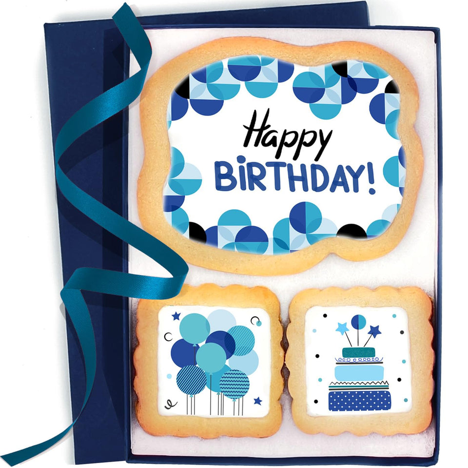 OMCookie Happy Birthday blue cookies box, beautifully decorated for gifting to loved ones.