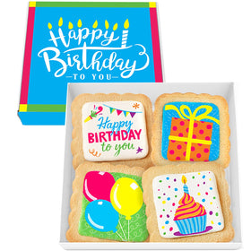 OMCookie Happy Birthday Cookies 4 Pack with decorated sugar cookies for school party favors.