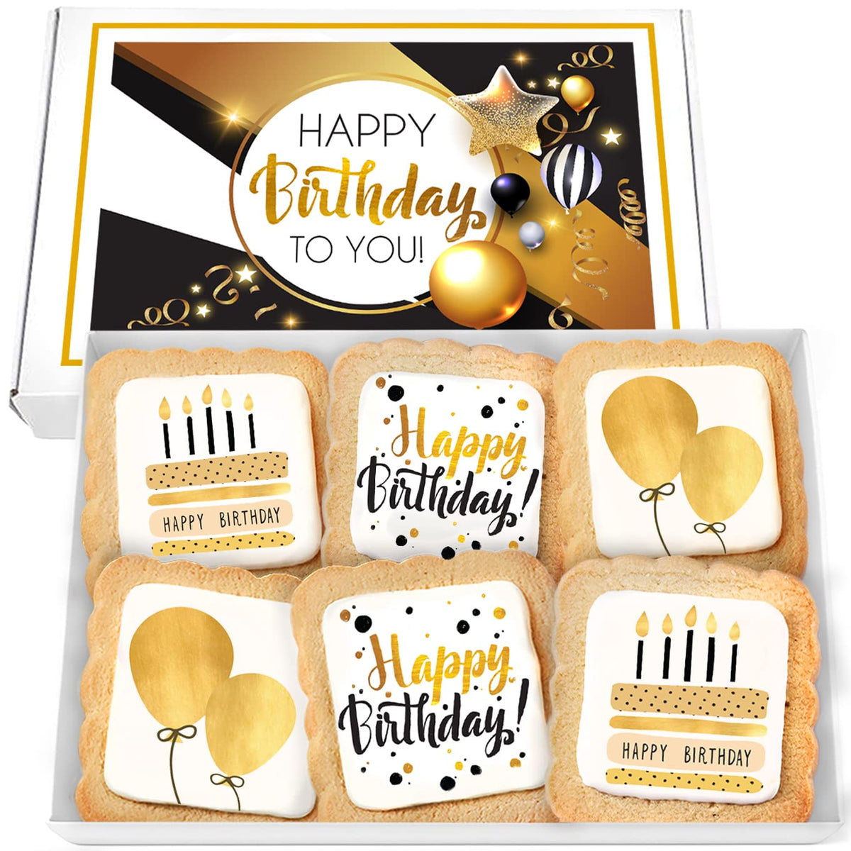 OMCookie Happy Birthday Cookies in a gold gift box, perfect for celebrations.