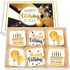OMCookie Happy Birthday Cookies in a gold gift box, perfect for celebrations.