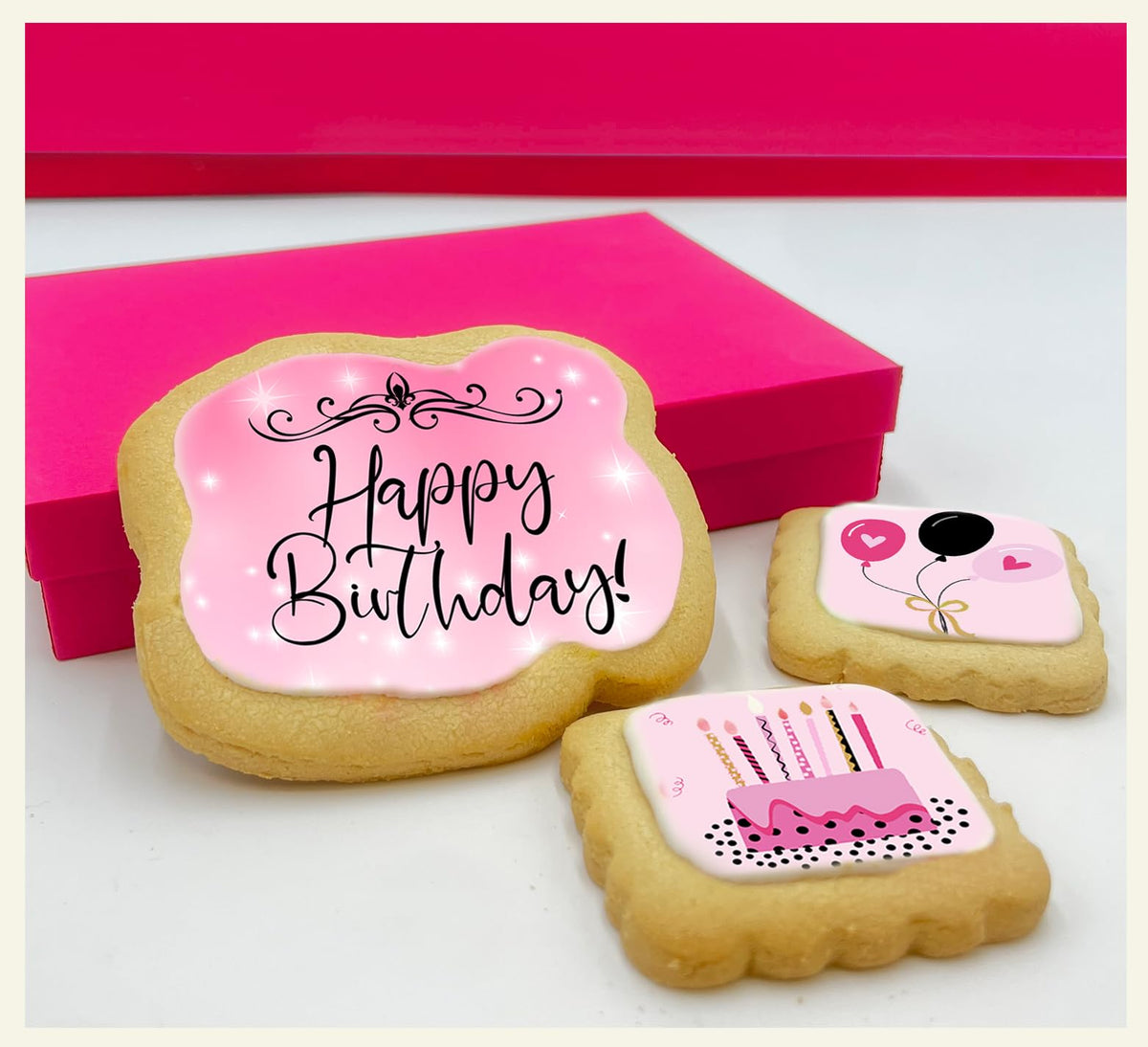 OMCookie Happy Birthday cookies with edible ink decorations for celebratory gifting.