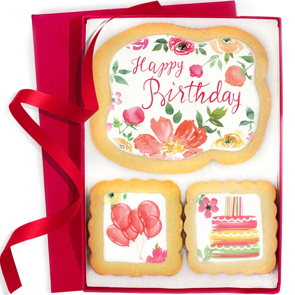 OMCookie Happy Birthday cookies with floral decor, ideal for celebrations.