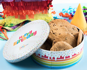 OMCookie Happy Birthday Cookies tin closeup showing large chocolate chip cookies.