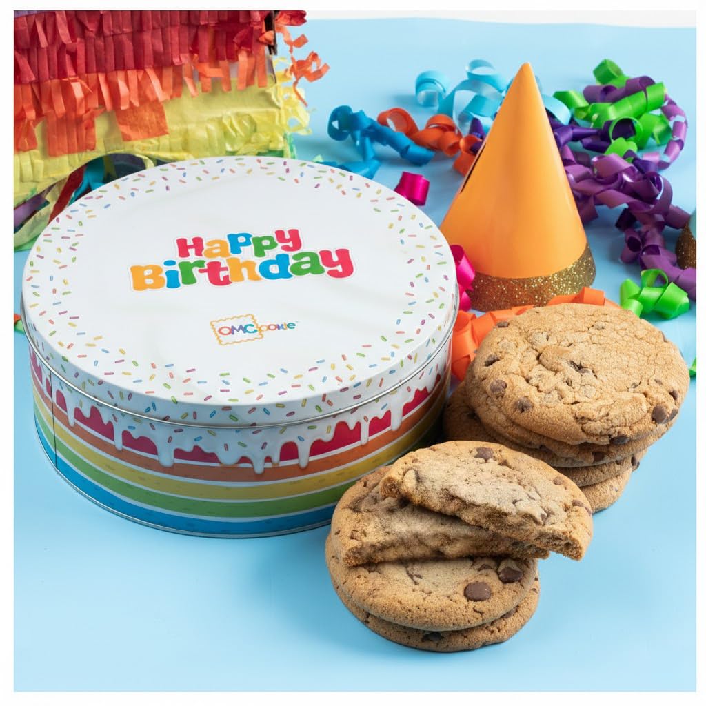 OMCookie Happy Birthday Cookies tin with ribbon, festive gifting moment.