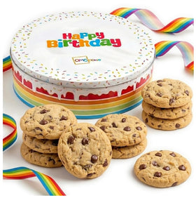 OMCookie Happy Birthday Cookies tin top view, gift-ready presentation for celebrations.