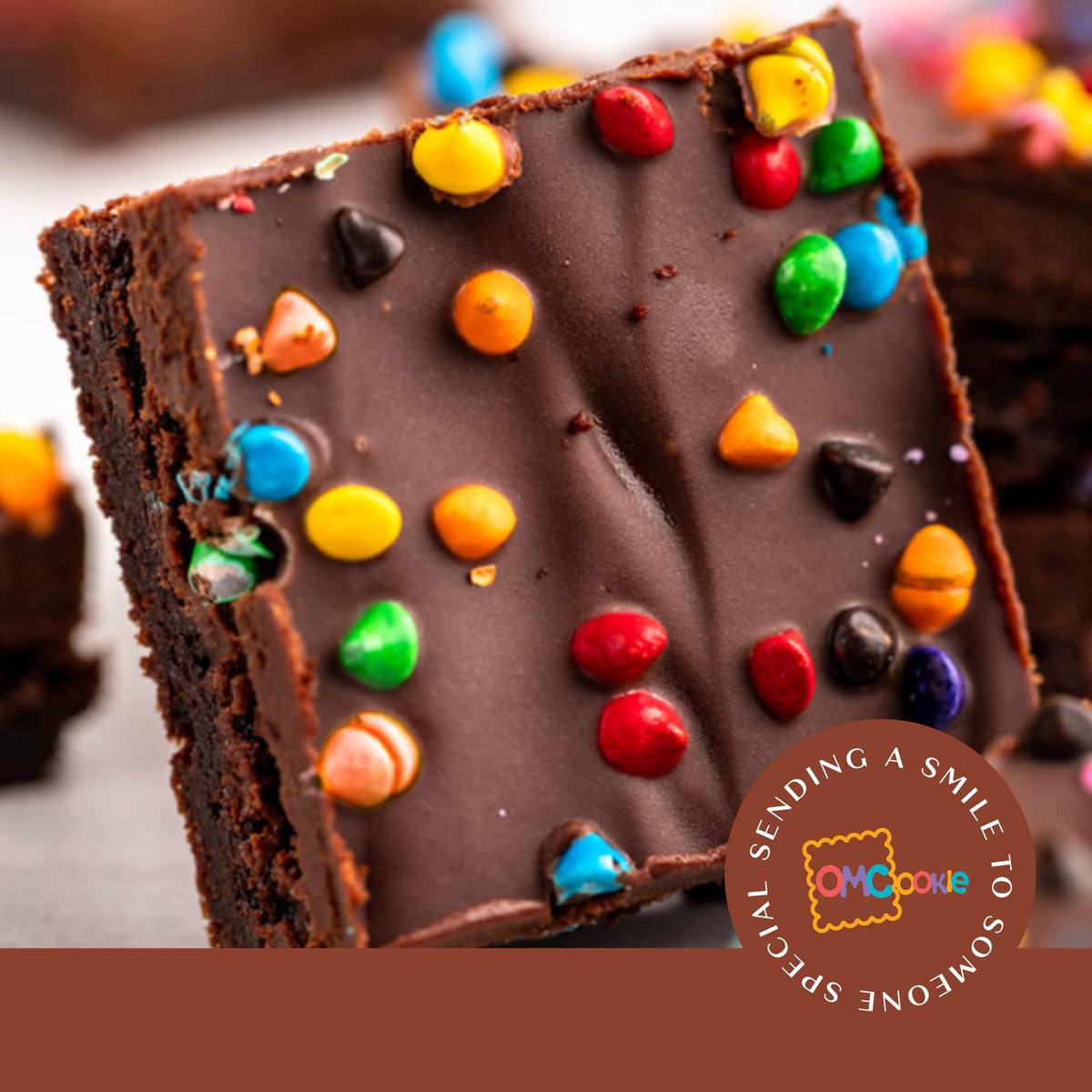 OMCookie nut-free brownie assortment in decorative box for nut-sensitive recipients.