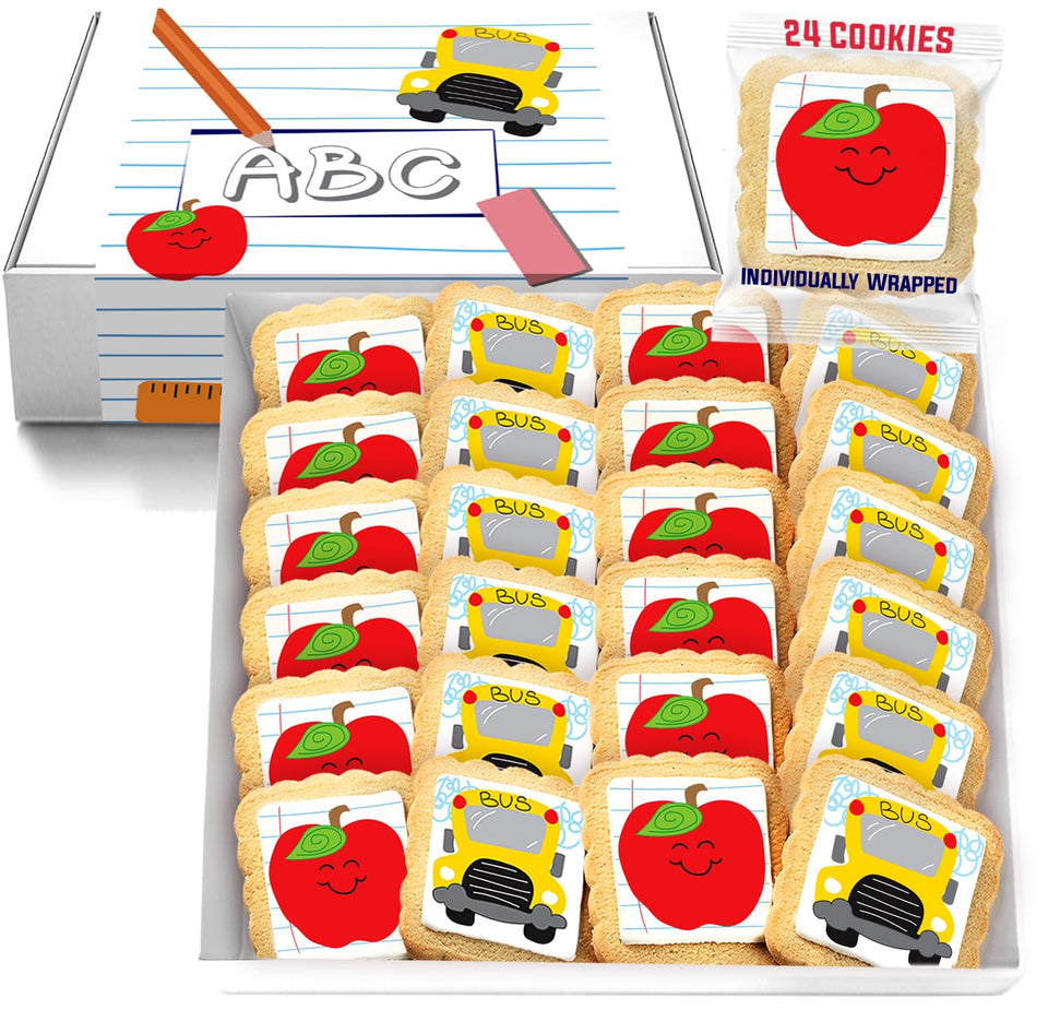 OMCookie apple bus design cookies for teacher appreciation and classroom gifts.