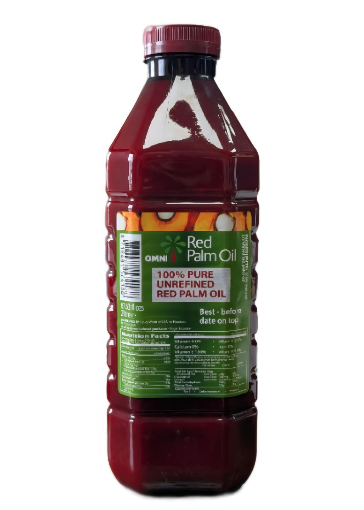 Omni Red Palm Oil bottle showcases the rich color, ideal for traditional stews and authentic flavor.