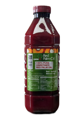 Omni Red Palm Oil bottle showcases the rich color, ideal for traditional stews and authentic flavor.