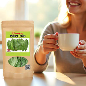 Omura soursop leaves tea cup suggesting soothing ritual.