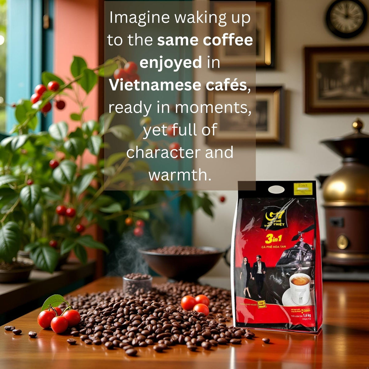 Cup with steam showcasing OMURA G7 ready to drink moment