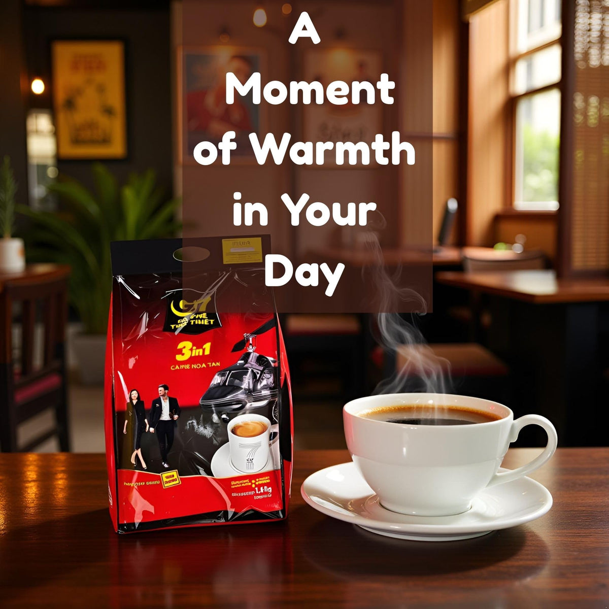 Dissolving OMURA Trung Nguyen G7 3 in 1 instant coffee being mixed
