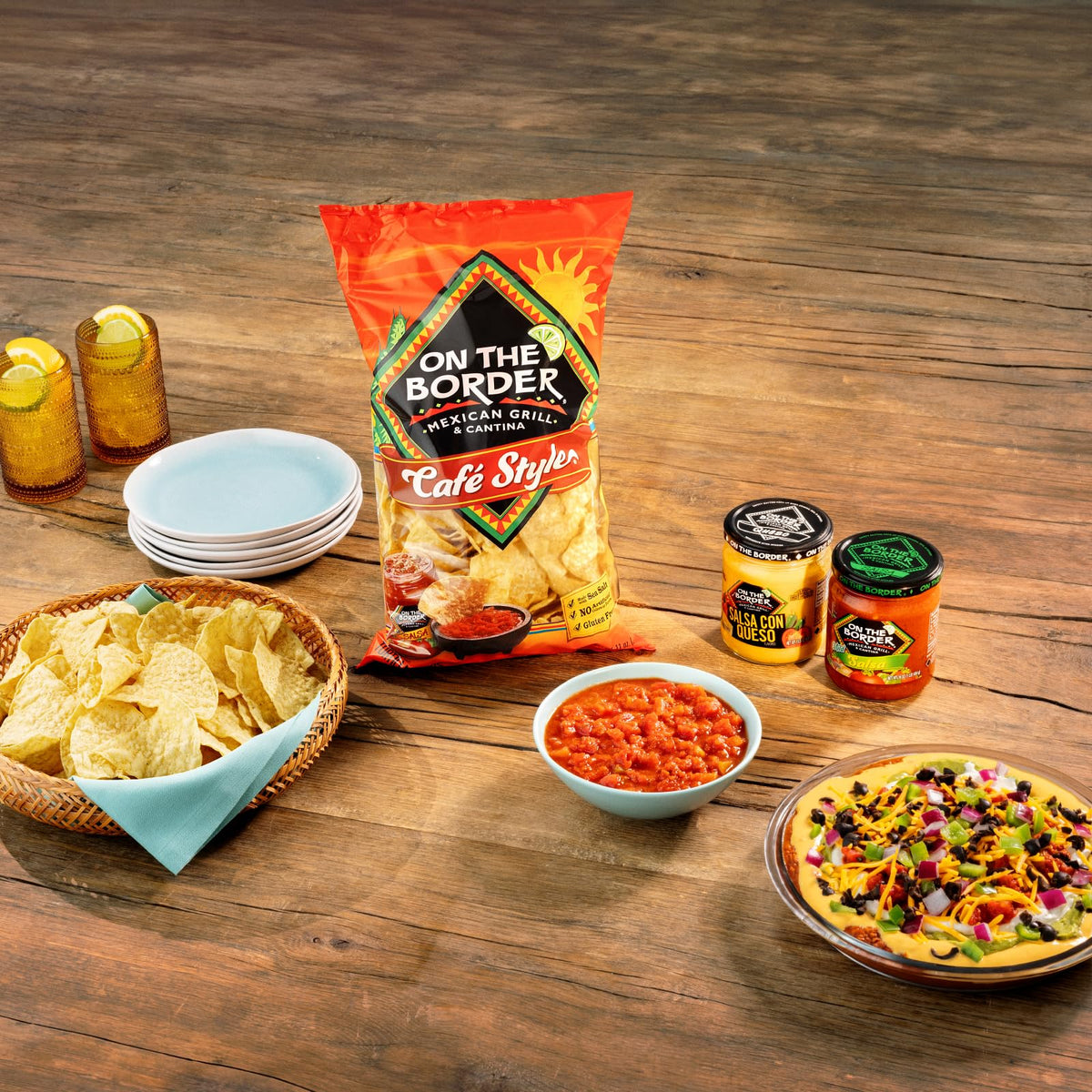On The Border chips displayed at a party spread, great for sharing.