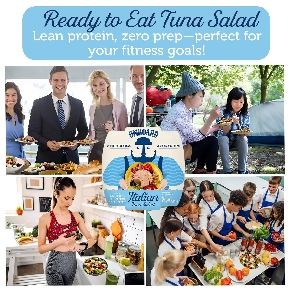 Onboard sustainably sourced tuna salad emphasizing dolphin-safe choice.