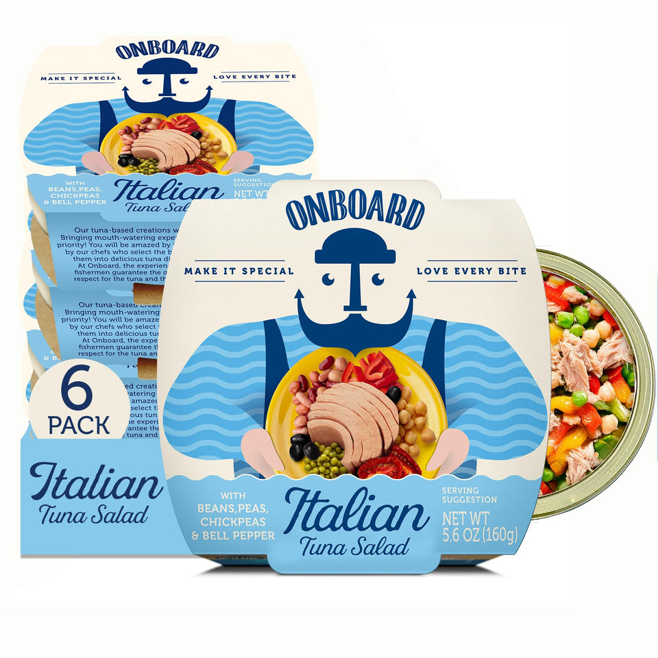 Onboard tuna salad with beans and chickpeas in a bowl, protein-packed ready meal.