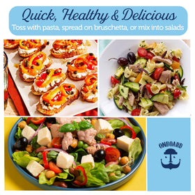 Onboard tuna salad ingredients artfully arranged for a fresh meal.