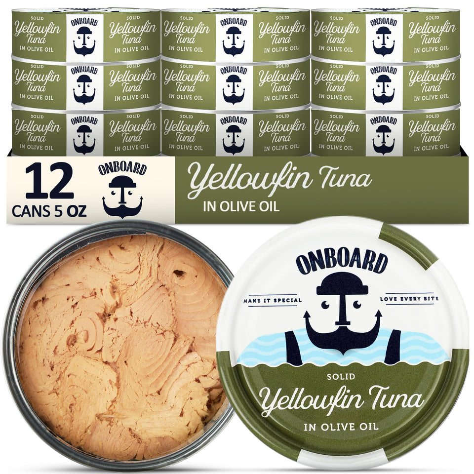 ONBOARD yellowfin tuna in olive oil can front label shows quality and gluten-free option.