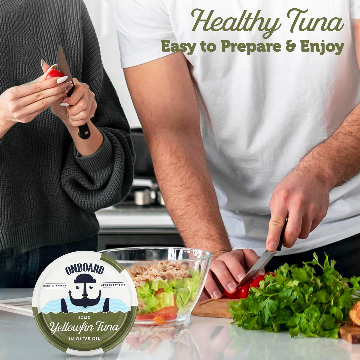 ONBOARD tuna can on kitchen counter signals quick protein option.