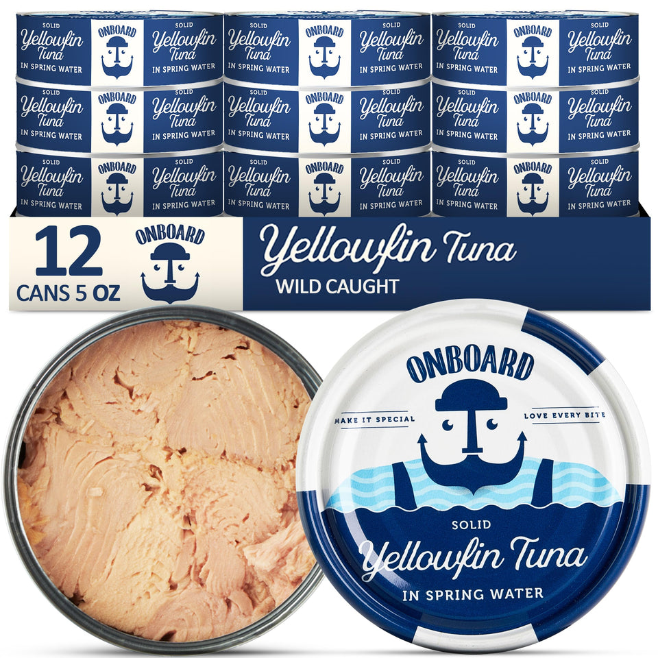 ONBOARD Yellowfin Tuna in Spring Water, 12-pack cans ideal for quick protein-packed lunches