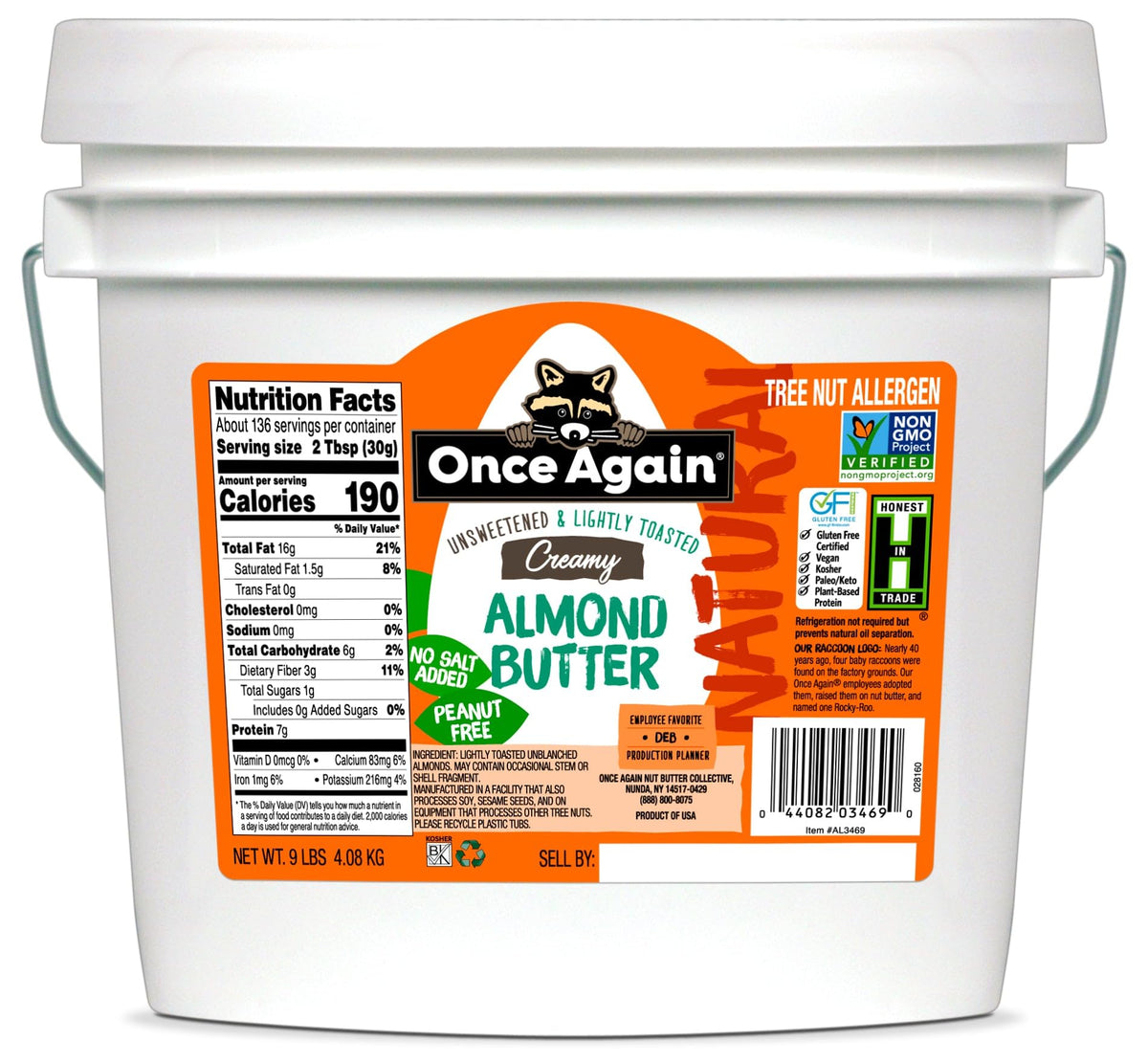 Once Again almond butter bucket label shows creamy, unsalted almonds for clean snacking.
