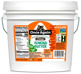 Once Again almond butter bucket label shows creamy, unsalted almonds for clean snacking.