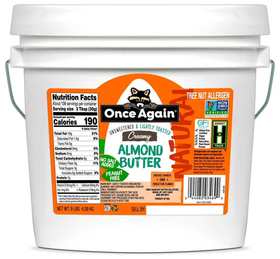 Once Again almond butter bucket label shows creamy, unsalted almonds for clean snacking.