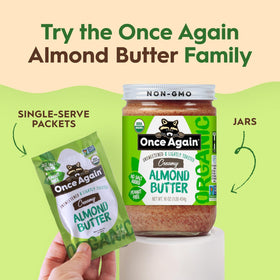 Once Again Almond Butter six-pack in glass jars provides convenient, plastic-saving packaging.
