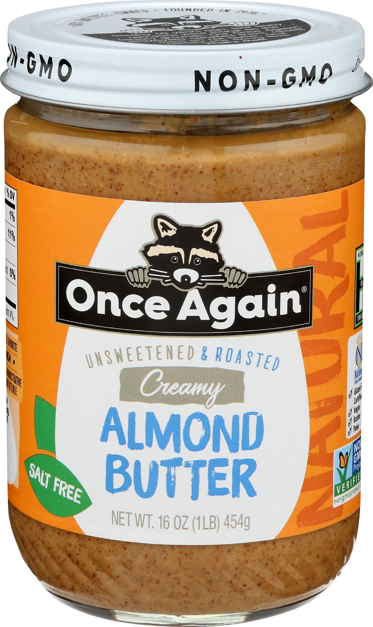 Once Again Almond Butter smooth jar highlights creamy texture for easy spreading.