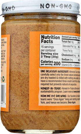 Once Again Almond Butter Unsweetened Label emphasizes sugar-free option for clean snacking.