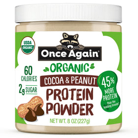Once Again chocolate peanut protein powder bottle highlighting organic ingredients for protein-rich shakes