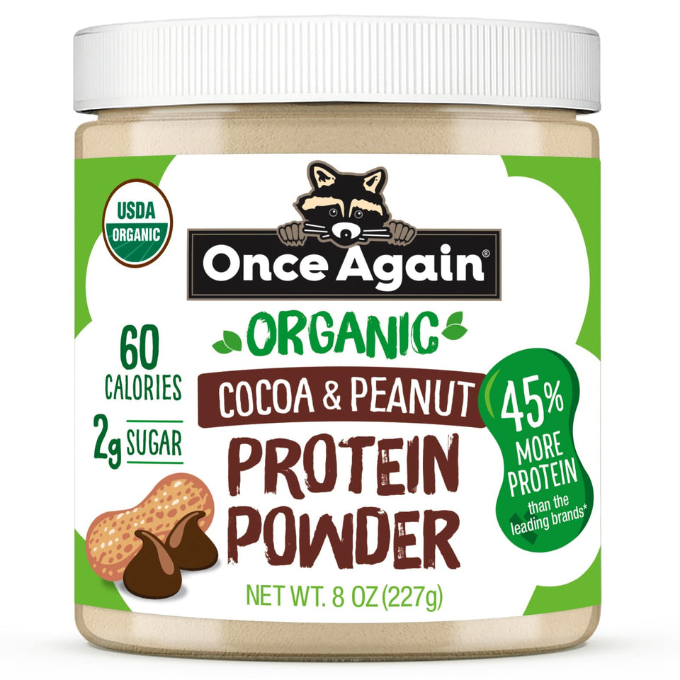 Once Again chocolate peanut protein powder bottle highlighting organic ingredients for protein-rich shakes